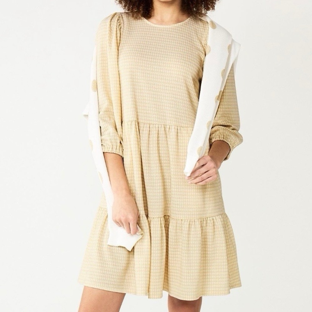 NWT Draper James Neutral‎ Houndstooth 3/4 Sleeve Tiered Pockets Skater Dress XXL